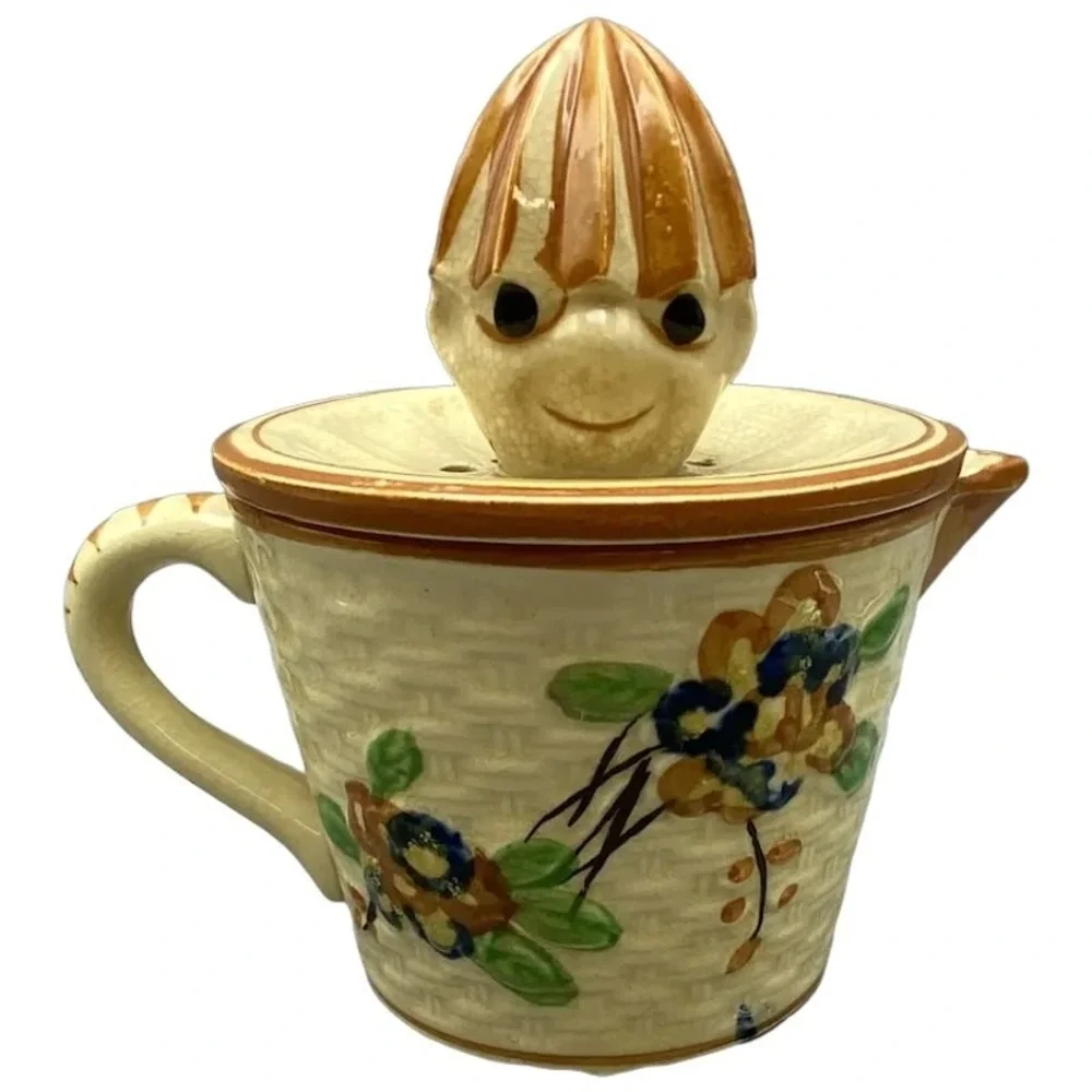 Made in Japan 2pc Figural Reamer Juicer Basket Weave Glazed Pottery Hand Painted